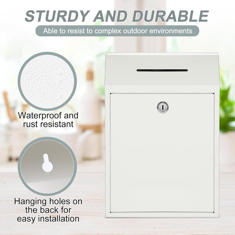 Yaocom Metal Money Donation Cash Box Collection Safe Suggestion Box with Lock Wall Mounted Mailbox Delivery Ballot Container for Home Office Outdoor Farmstand(White,11.81 x 8.58 x 4.72 Inch) - Image 3